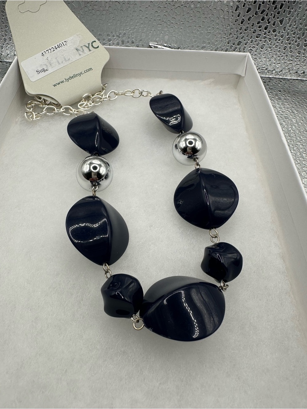 NWT Lydell NYC Chunky Navy Blue & Silver Statement Necklace